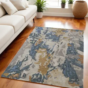 5' X 8' Blue and Gray Wool Abstract Hand Tufted Area Rug