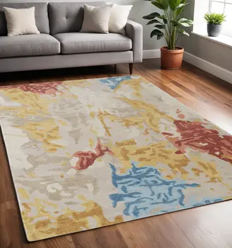 5' X 8' Ivory and Blue Wool Abstract Hand Tufted Area Rug