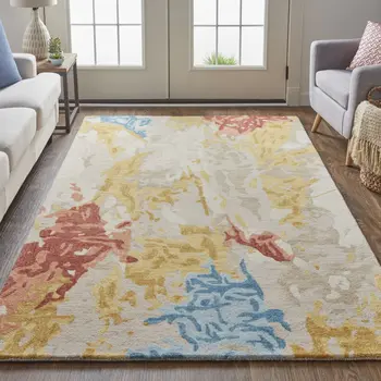 12' X 15' Ivory Yellow And Blue Wool Abstract Tufted Handmade Area Rug