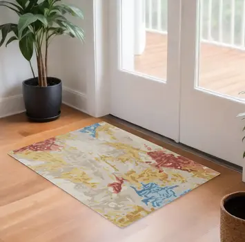 2' X 3' Ivory Yellow And Blue Wool Abstract Tufted Handmade Stain Resistant Area Rug