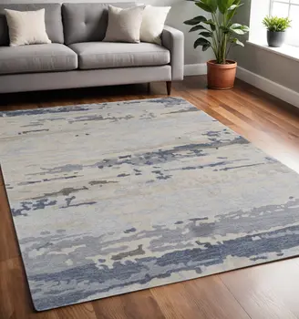 5' X 8' Blue and Ivory Wool Abstract Hand Tufted Area Rug