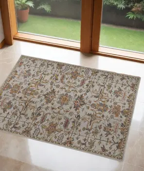 2' X 3' Gray And Gold Wool Floral Tufted Handmade Stain Resistant Area Rug