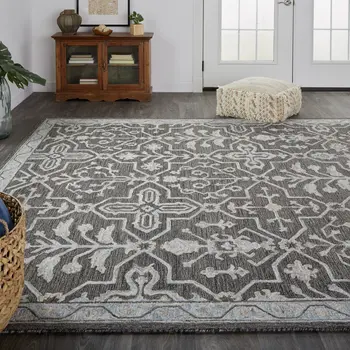 5' X 8' Gray Blue And Ivory Wool Floral Tufted Handmade Stain Resistant Area Rug
