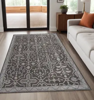 5' X 8' Gray Blue And Ivory Wool Floral Tufted Handmade Stain Resistant Area Rug