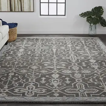 10' X 14' Gray Blue And Ivory Wool Floral Tufted Handmade Stain Resistant Area Rug