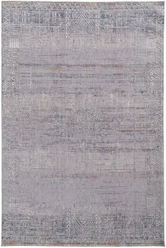 12' X 15' Gray Ivory And Orange Geometric Power Loom Distressed Stain Resistant Area Rug