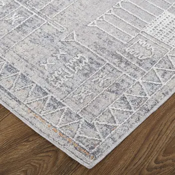 2' X 3' Gray Ivory And Orange Geometric Power Loom Distressed Stain Resistant Area Rug