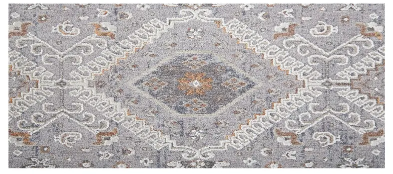 8' Gray Orange And Ivory Floral Power Loom Stain Resistant Runner Rug