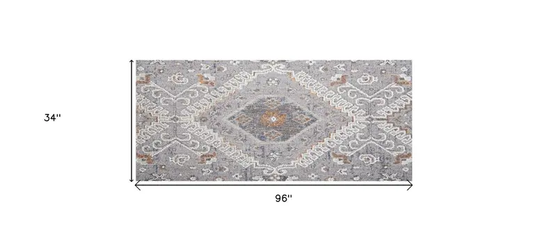 8' Gray Orange And Ivory Floral Power Loom Stain Resistant Runner Rug