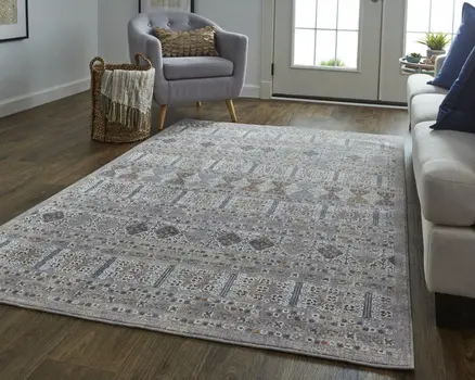 12' X 15' Orange Gray And White Geometric Power Loom Distressed Stain Resistant Area Rug