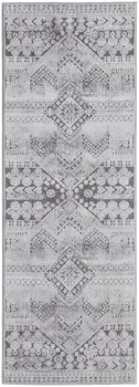 8' Ivory And Gray Geometric Power Loom Distressed Stain Resistant Runner Rug