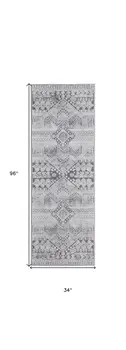 8' Ivory And Gray Geometric Power Loom Distressed Stain Resistant Runner Rug