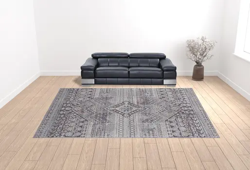 12' X 15' Ivory And Gray Geometric Power Loom Distressed Stain Resistant Area Rug