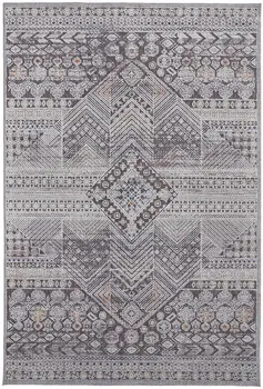 2' X 3' Ivory And Gray Geometric Power Loom Distressed Stain Resistant Area Rug