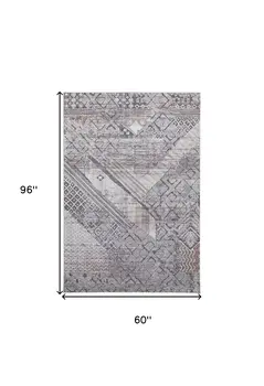 5' X 8' Gray and Ivory Geometric Power Loom Distressed Area Rug