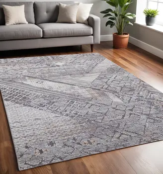 5' X 8' Gray and Ivory Geometric Power Loom Distressed Area Rug