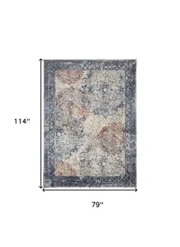 7' X 10' Blue and Ivory Floral Power Loom Distressed Non Skid Area Rug