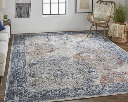 7' X 10' Blue and Ivory Floral Power Loom Distressed Non Skid Area Rug