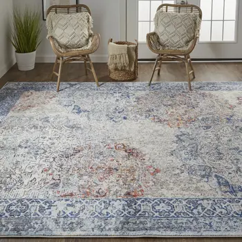7' X 10' Blue and Ivory Floral Power Loom Distressed Non Skid Area Rug