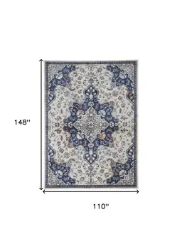9' X 12' Gray Ivory And Blue Floral Power Loom Distressed Stain Resistant Area Rug
