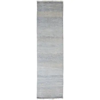 10' Blue And Silver Wool Striped Shag Hand Knotted Runner Rug