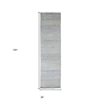 10' Blue And Silver Wool Striped Shag Hand Knotted Runner Rug