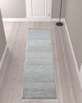 10' Blue And Silver Wool Striped Shag Hand Knotted Runner Rug