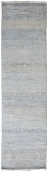 12' Blue And Silver Wool Striped Hand Knotted Runner Rug