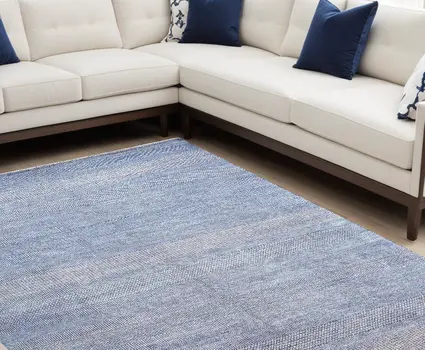 12' X 15' Blue and Ivory Wool Striped Shag Hand Knotted Area Rug