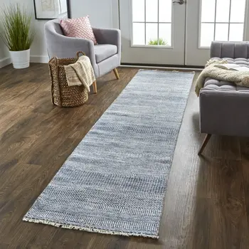 10' Blue And Gray Wool Striped Hand Knotted Runner Rug