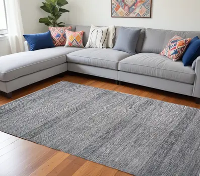 12' X 15' Blue and Silver Wool Striped Shag Hand Knotted Area Rug