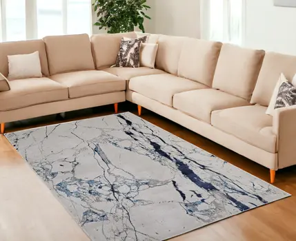 8' X 10' Ivory and Blue Marble Power Loom Distressed Area Rug