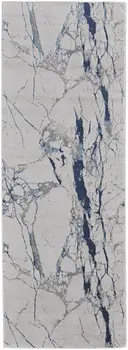 8' Ivory Blue And Black Abstract Power Loom Distressed Runner Rug