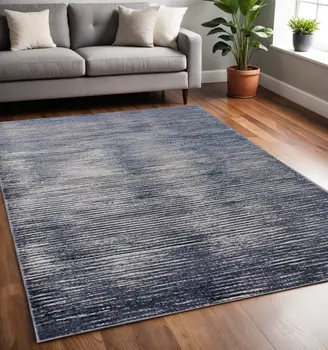 5' X 8' Blue and Ivory Striped Power Loom Distressed Non Skid Area Rug