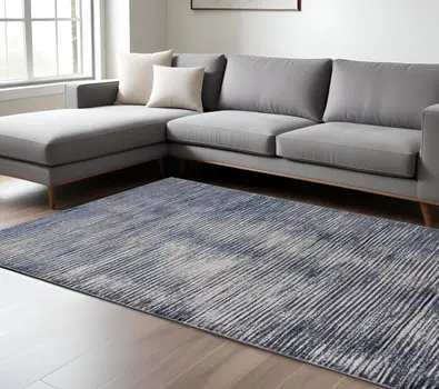 8' X 10' Blue and Ivory Striped Power Loom Distressed Non Skid Area Rug