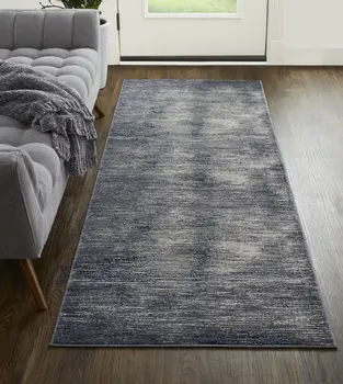 8' Blue Gray And Ivory Striped Power Loom Distressed Runner Rug