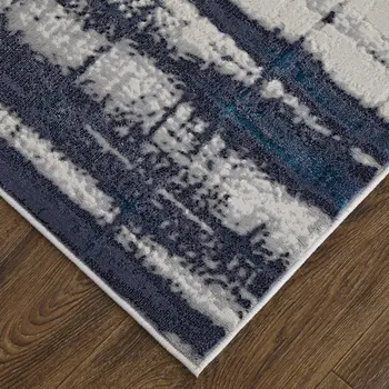 5' X 8' Ivory and Blue Abstract Power Loom Distressed Non Skid Area Rug