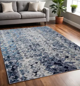 5' X 8' Blue Ivory And Gray Geometric Power Loom Distressed Area Rug