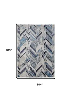 12' X 15' Ivory Blue And Gray Chevron Power Loom Distressed Area Rug