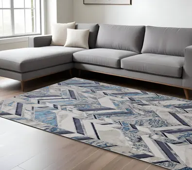 12' X 15' Ivory Blue And Gray Chevron Power Loom Distressed Area Rug