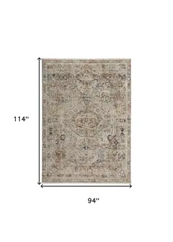 8' X 10' Tan and Red Floral Power Loom Distressed Non Skid Area Rug With Fringe