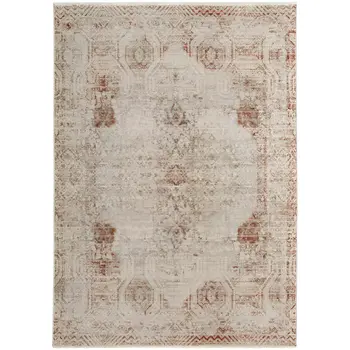 2' X 3' Tan Ivory And Orange Floral Power Loom Distressed Area Rug With Fringe