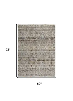 5' X 8' Tan and Ivory Geometric Power Loom Distressed Non Skid Area Rug With Fringe