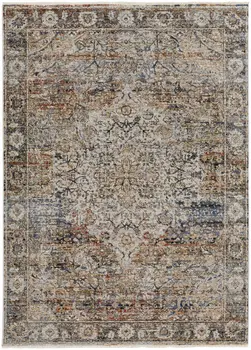 5' X 8' Tan and Blue Floral Power Loom Distressed Non Skid Area Rug With Fringe