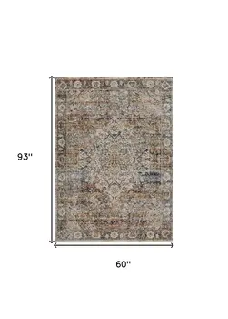 5' X 8' Tan and Blue Floral Power Loom Distressed Non Skid Area Rug With Fringe