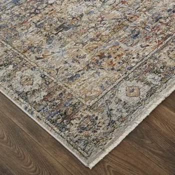 5' X 8' Tan and Blue Floral Power Loom Distressed Non Skid Area Rug With Fringe
