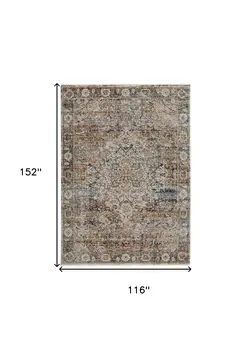 10' X 13' Tan Orange And Blue Floral Power Loom Distressed Area Rug With Fringe