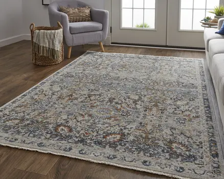 8' X 10' Tan and Blue Floral Power Loom Distressed Non Skid Area Rug With Fringe