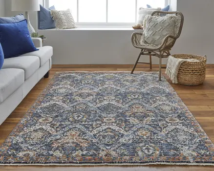 12' X 15' Blue Orange And Ivory Floral Power Loom Area Rug With Fringe