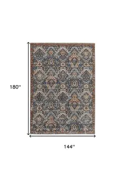 12' X 15' Blue Orange And Ivory Floral Power Loom Area Rug With Fringe